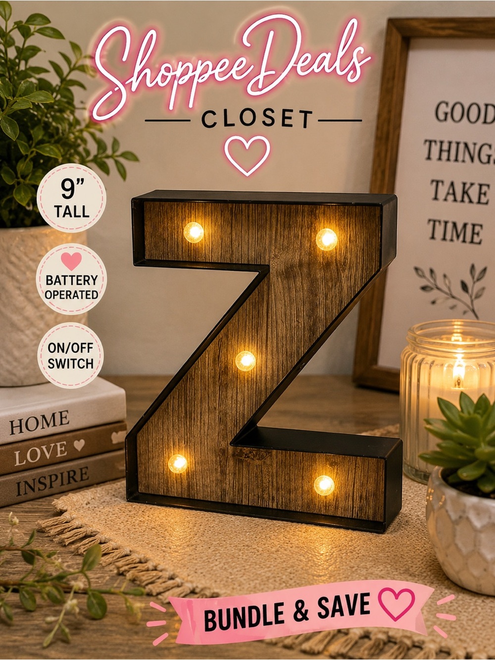 Studio Decor Letter Z LED Marquee Light Metal Wood Look 9” Battery Operated